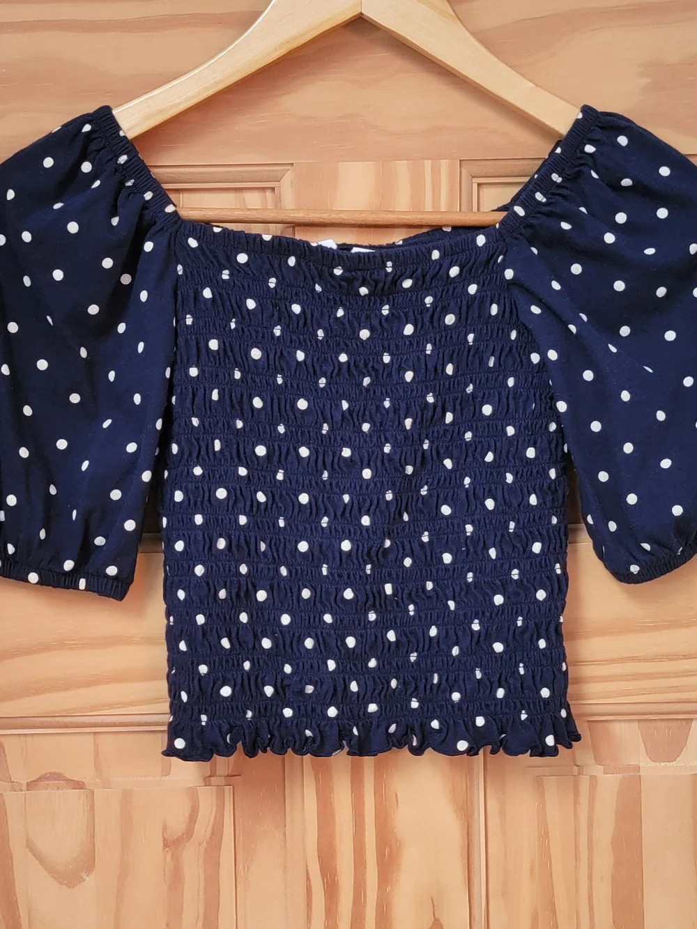 GAP Kids Navy and White Polka Dot Off-Shoulder Smocked Crop Top - Size L
